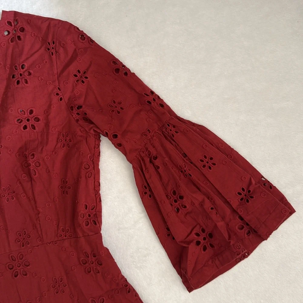 Beyond by Vera | 1891 Victoria Embroidered Eyelet Lace Bell Sleeve Dress Red (M) - Picture 6 of 16